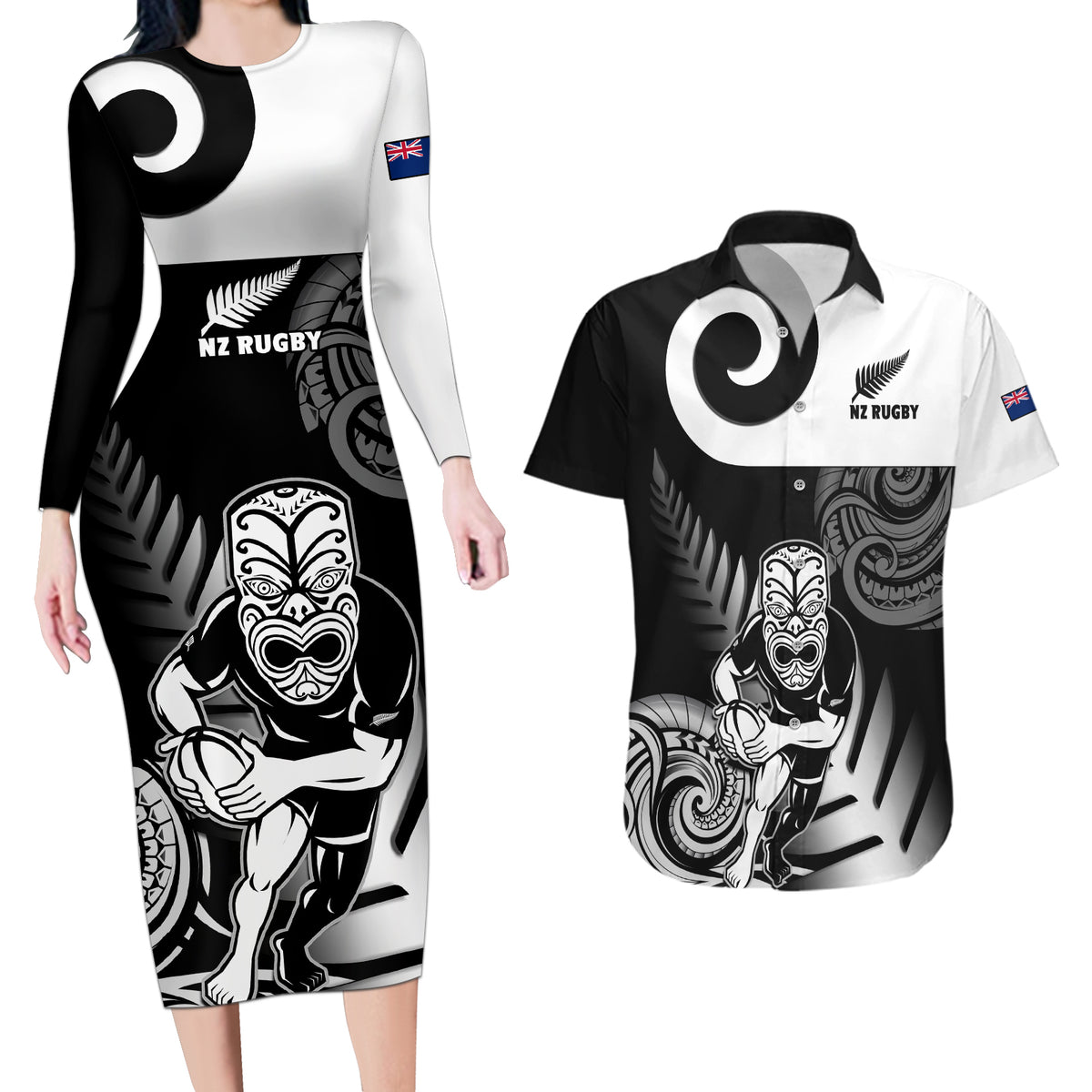 New Zealand Silver Fern Rugby Couples Matching Long Sleeve Bodycon Dress and Hawaiian Shirt Go Champions NZ All Black Maori Koru - Wonder Print Shop