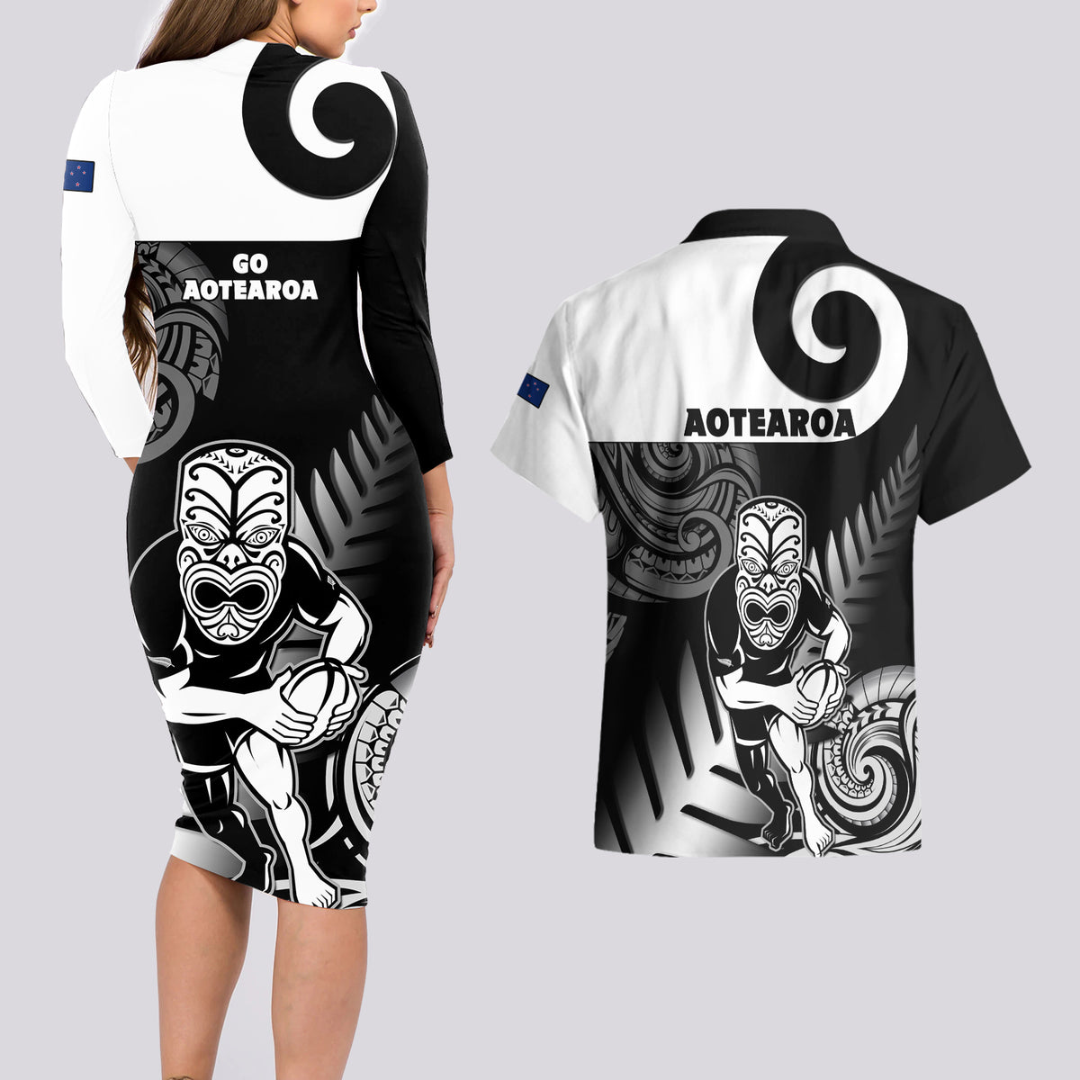New Zealand Silver Fern Rugby Couples Matching Long Sleeve Bodycon Dress and Hawaiian Shirt Go Champions NZ All Black Maori Koru - Wonder Print Shop
