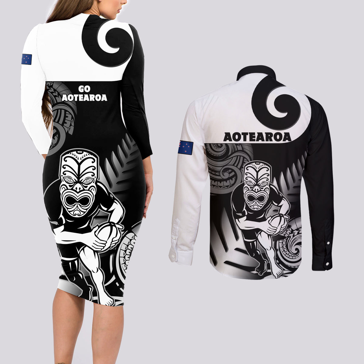 New Zealand Silver Fern Rugby Couples Matching Long Sleeve Bodycon Dress and Long Sleeve Button Shirts Go Champions NZ All Black Maori Koru - Wonder Print Shop