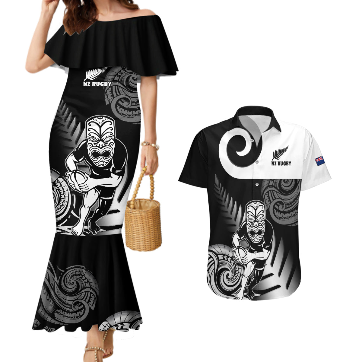 New Zealand Silver Fern Rugby Couples Matching Mermaid Dress and Hawaiian Shirt Go Champions NZ All Black Maori Koru - Wonder Print Shop