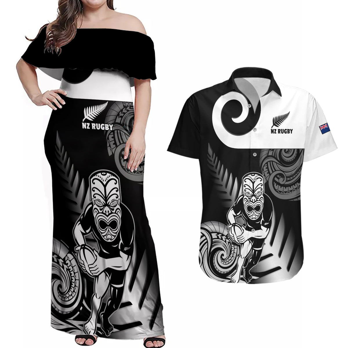New Zealand Silver Fern Rugby Couples Matching Off Shoulder Maxi Dress and Hawaiian Shirt Go Champions NZ All Black Maori Koru - Wonder Print Shop