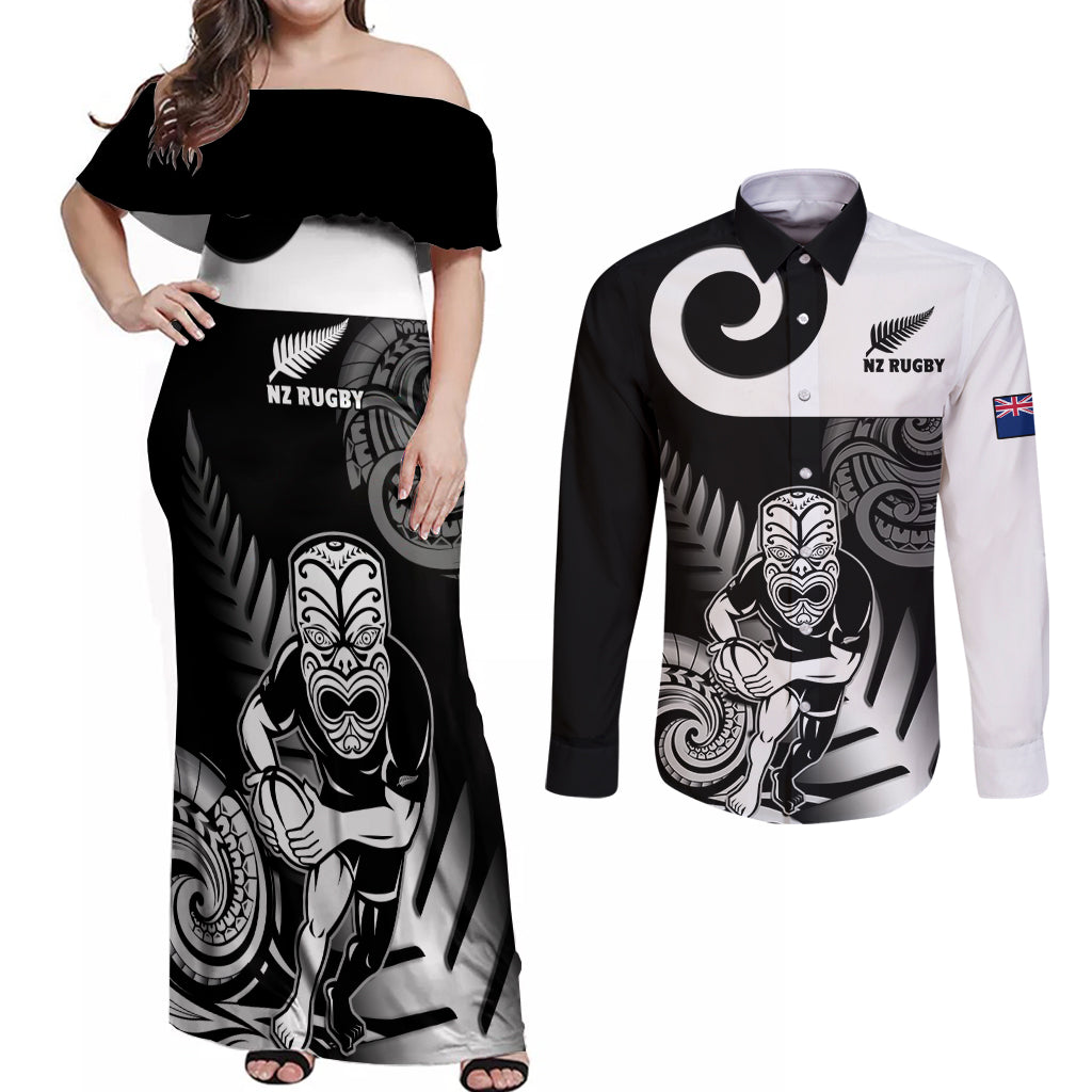 New Zealand Silver Fern Rugby Couples Matching Off Shoulder Maxi Dress and Long Sleeve Button Shirts Go Champions NZ All Black Maori Koru - Wonder Print Shop