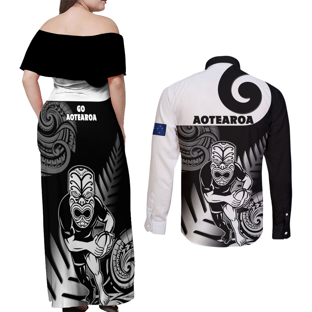 New Zealand Silver Fern Rugby Couples Matching Off Shoulder Maxi Dress and Long Sleeve Button Shirts Go Champions NZ All Black Maori Koru - Wonder Print Shop