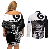 New Zealand Silver Fern Rugby Couples Matching Off Shoulder Short Dress and Long Sleeve Button Shirts Go Champions NZ All Black Maori Koru - Wonder Print Shop