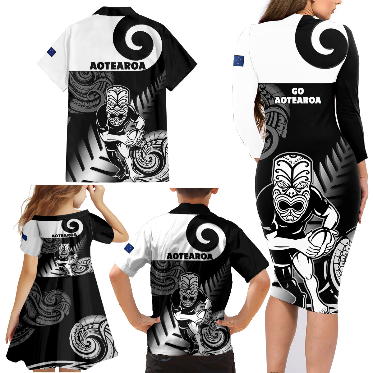 New Zealand Silver Fern Rugby Family Matching Long Sleeve Bodycon Dress and Hawaiian Shirt Go Champions NZ All Black Maori Koru - Wonder Print Shop