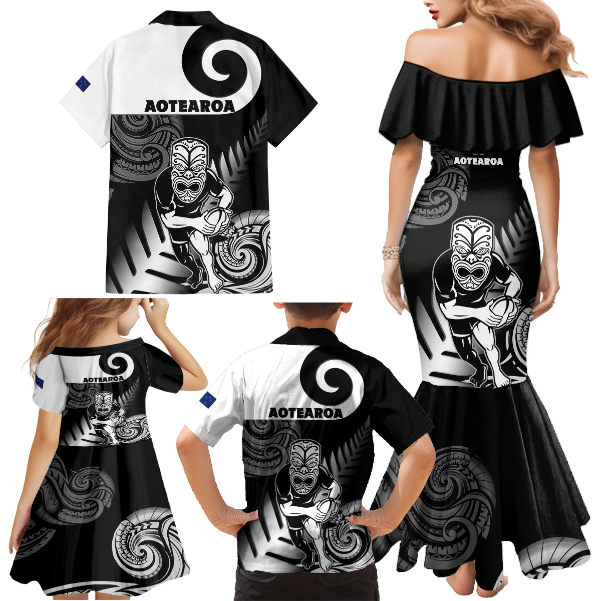 New Zealand Silver Fern Rugby Family Matching Mermaid Dress and Hawaiian Shirt Go Champions NZ All Black Maori Koru - Wonder Print Shop