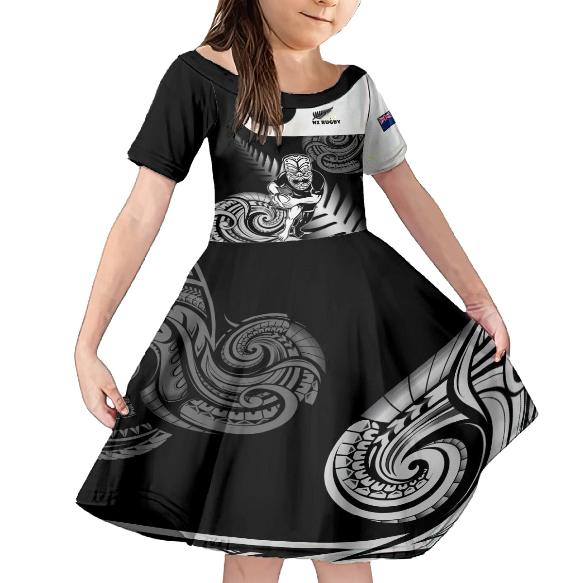 New Zealand Silver Fern Rugby Family Matching Off Shoulder Long Sleeve Dress and Hawaiian Shirt Go Champions NZ All Black Maori Koru - Wonder Print Shop
