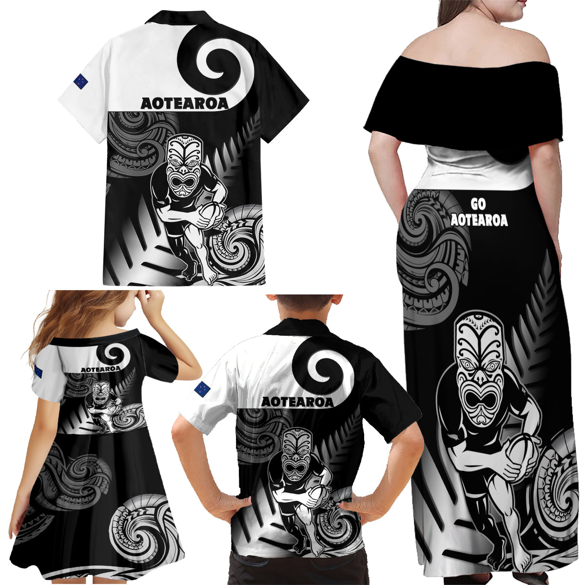 New Zealand Silver Fern Rugby Family Matching Off Shoulder Maxi Dress and Hawaiian Shirt Go Champions NZ All Black Maori Koru - Wonder Print Shop