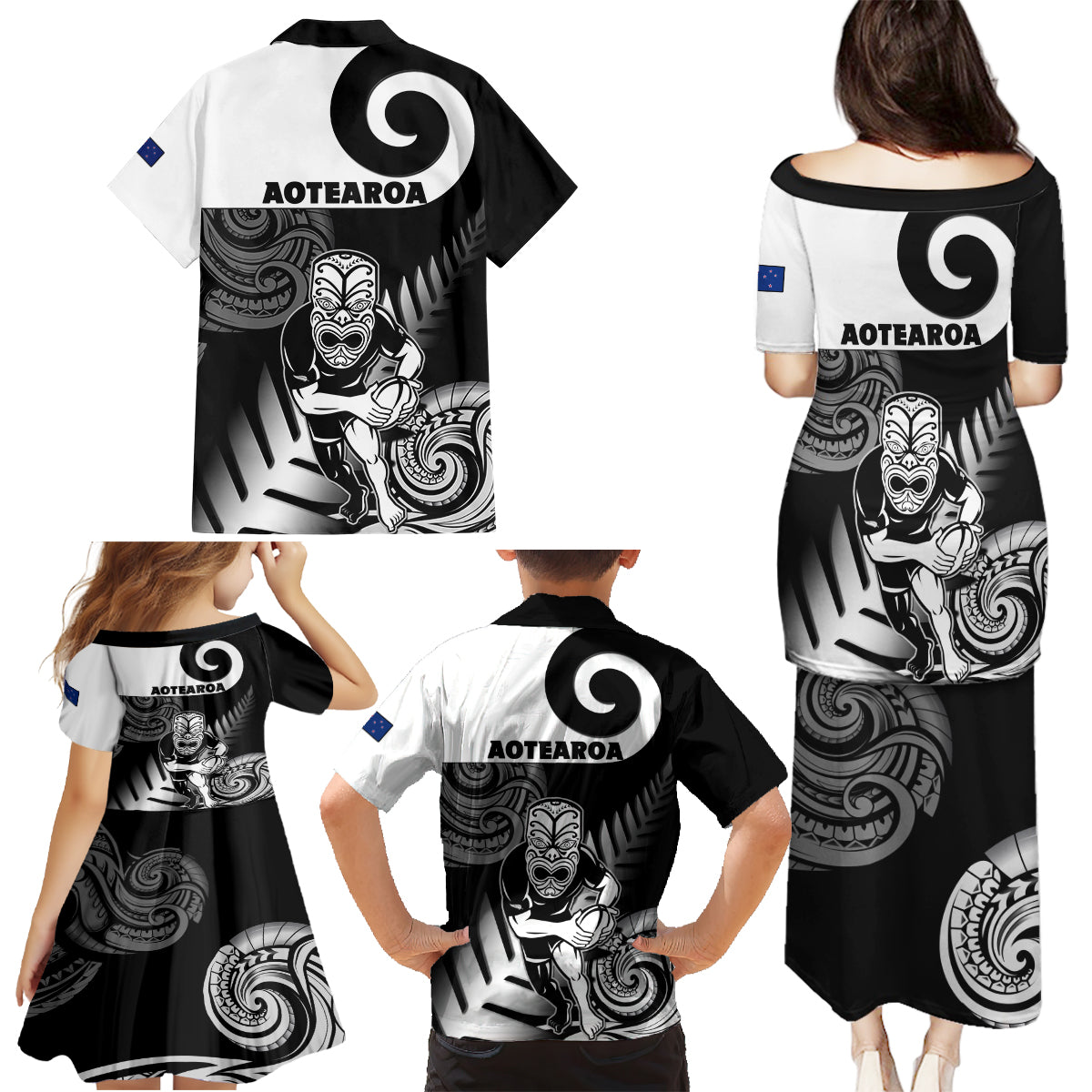 New Zealand Silver Fern Rugby Family Matching Puletasi Dress and Hawaiian Shirt Go Champions NZ All Black Maori Koru - Wonder Print Shop