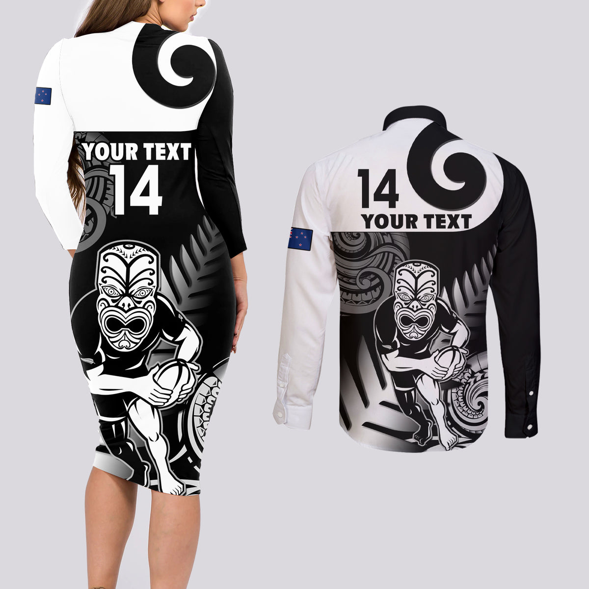 Custom New Zealand Silver Fern Rugby Couples Matching Long Sleeve Bodycon Dress and Long Sleeve Button Shirts Go Champions NZ All Black Maori Koru - Wonder Print Shop