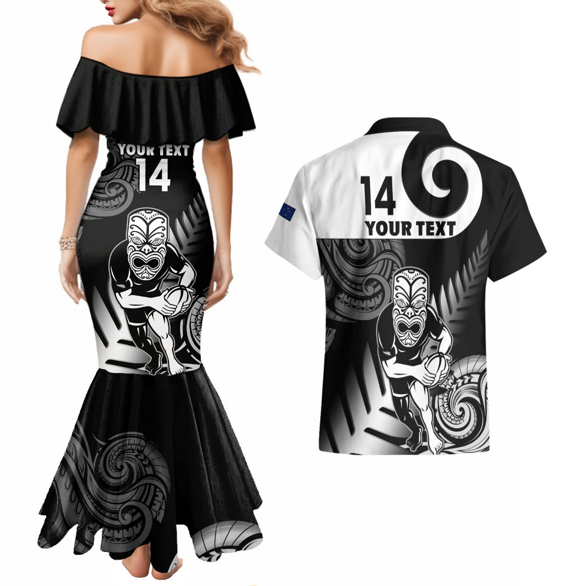 Custom New Zealand Silver Fern Rugby Couples Matching Mermaid Dress and Hawaiian Shirt Go Champions NZ All Black Maori Koru - Wonder Print Shop