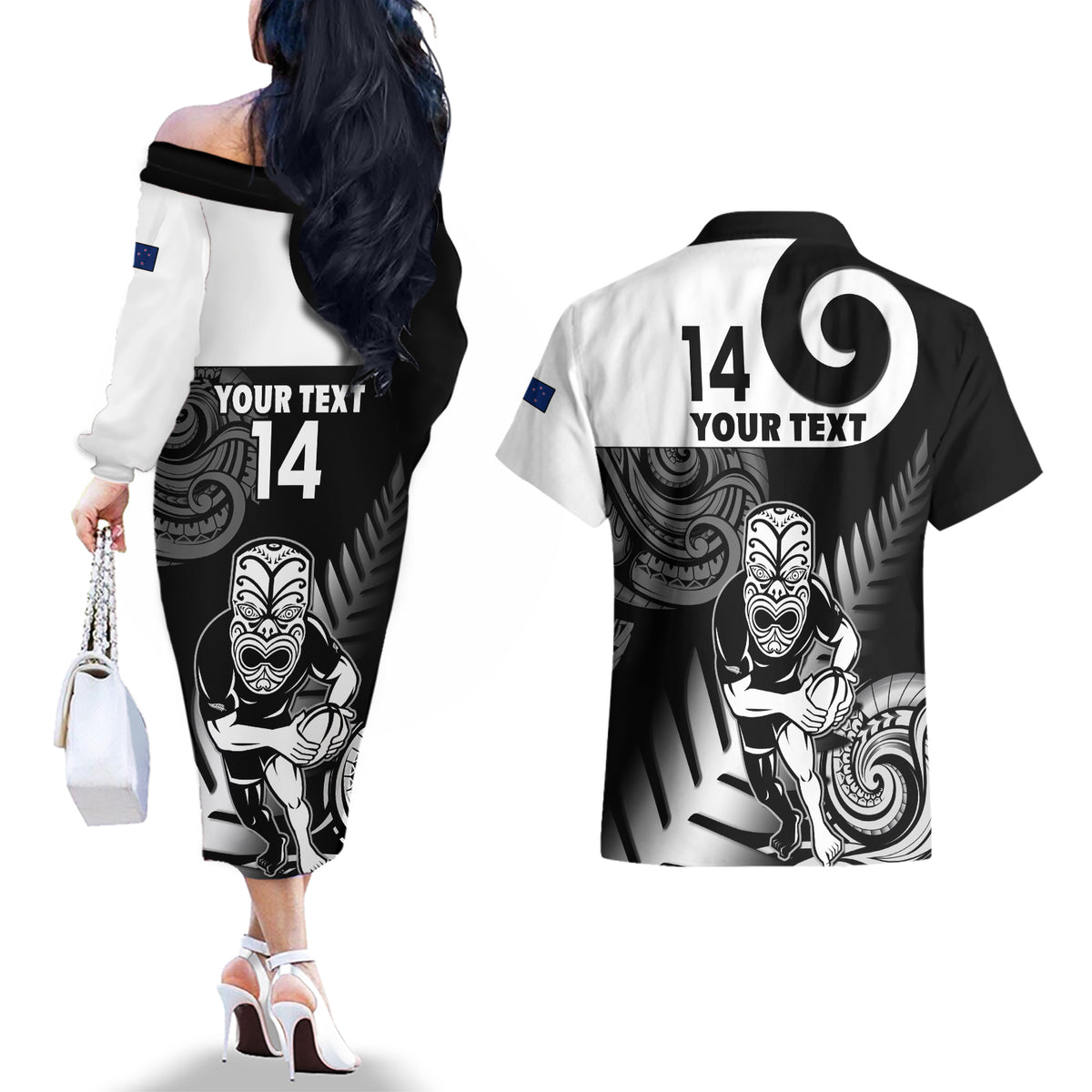 Custom New Zealand Silver Fern Rugby Couples Matching Off The Shoulder Long Sleeve Dress and Hawaiian Shirt Go Champions NZ All Black Maori Koru - Wonder Print Shop