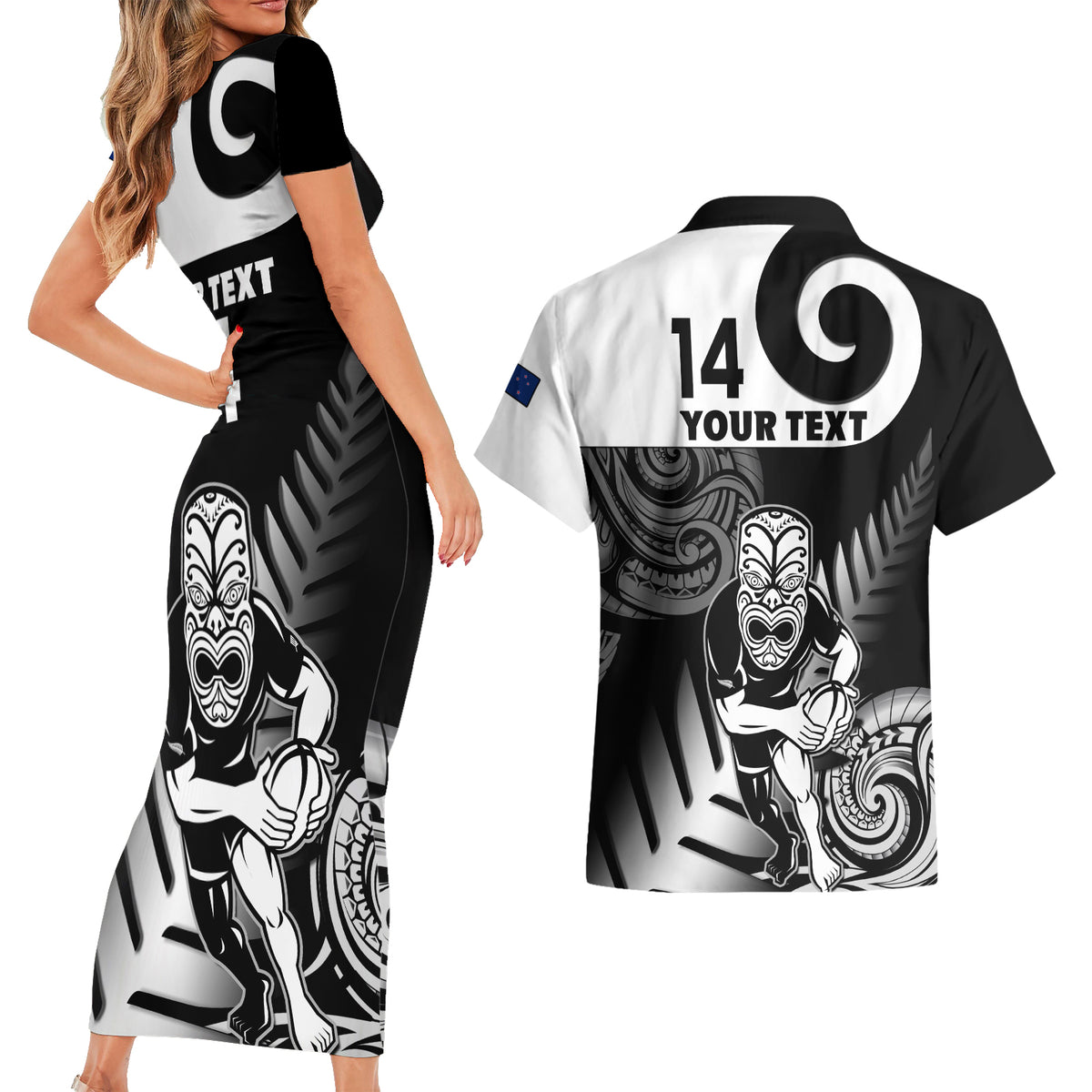 Custom New Zealand Silver Fern Rugby Couples Matching Short Sleeve Bodycon Dress and Hawaiian Shirt Go Champions NZ All Black Maori Koru - Wonder Print Shop