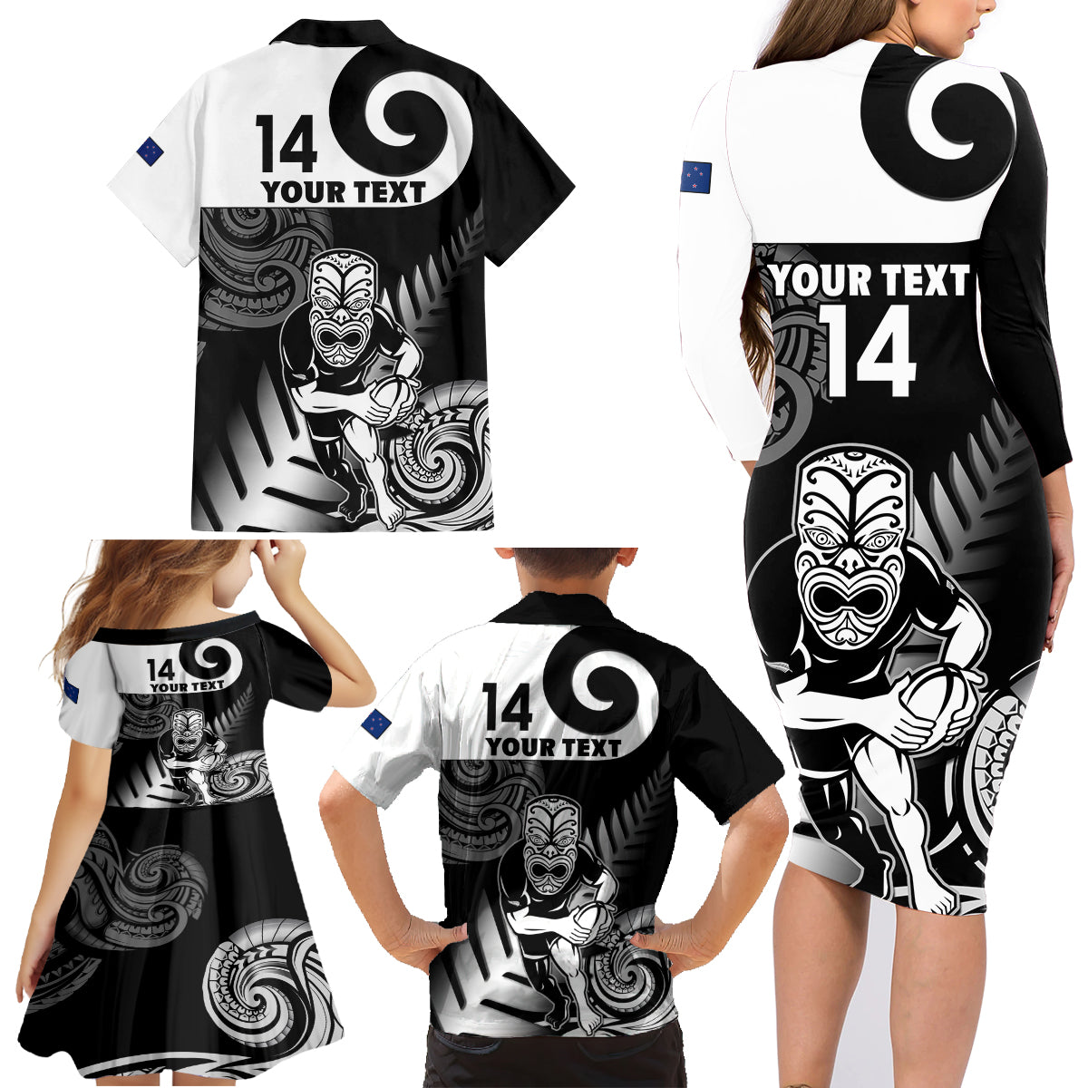 Custom New Zealand Silver Fern Rugby Family Matching Long Sleeve Bodycon Dress and Hawaiian Shirt Go Champions NZ All Black Maori Koru - Wonder Print Shop
