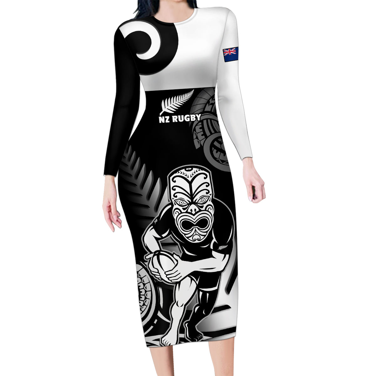 Custom New Zealand Silver Fern Rugby Family Matching Long Sleeve Bodycon Dress and Hawaiian Shirt Go Champions NZ All Black Maori Koru - Wonder Print Shop
