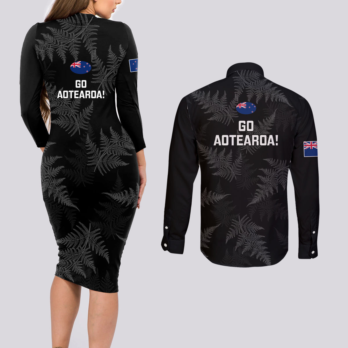 New Zealand Silver Fern Rugby Couples Matching Long Sleeve Bodycon Dress and Long Sleeve Button Shirts 2023 Go Aotearoa Champions World Cup - Wonder Print Shop