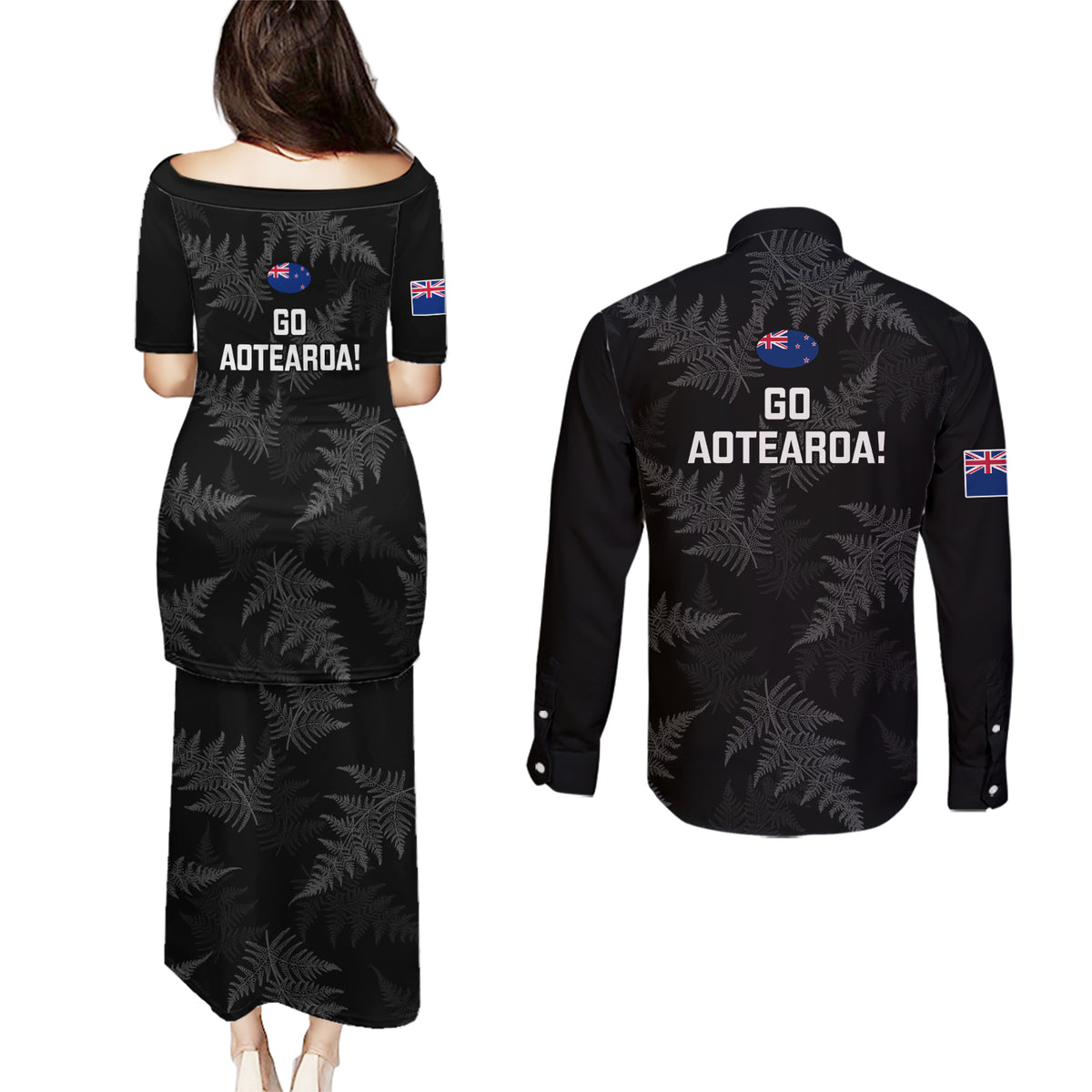 New Zealand Silver Fern Rugby Couples Matching Puletasi Dress and Long Sleeve Button Shirts 2023 Go Aotearoa Champions World Cup - Wonder Print Shop