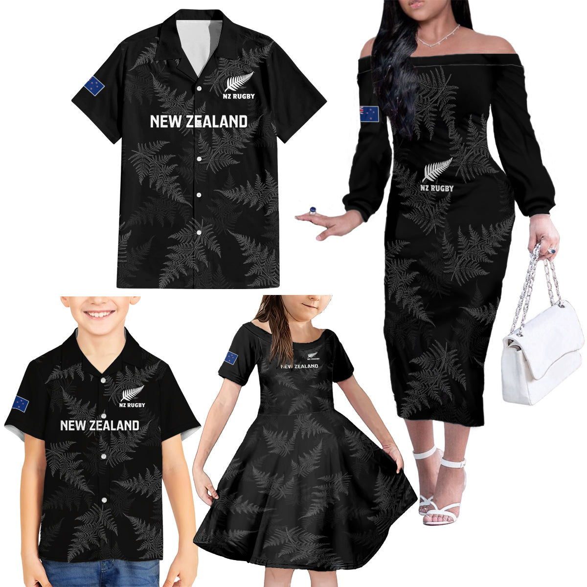 New Zealand Silver Fern Rugby Family Matching Off Shoulder Long Sleeve Dress and Hawaiian Shirt 2023 Go Aotearoa Champions World Cup - Wonder Print Shop
