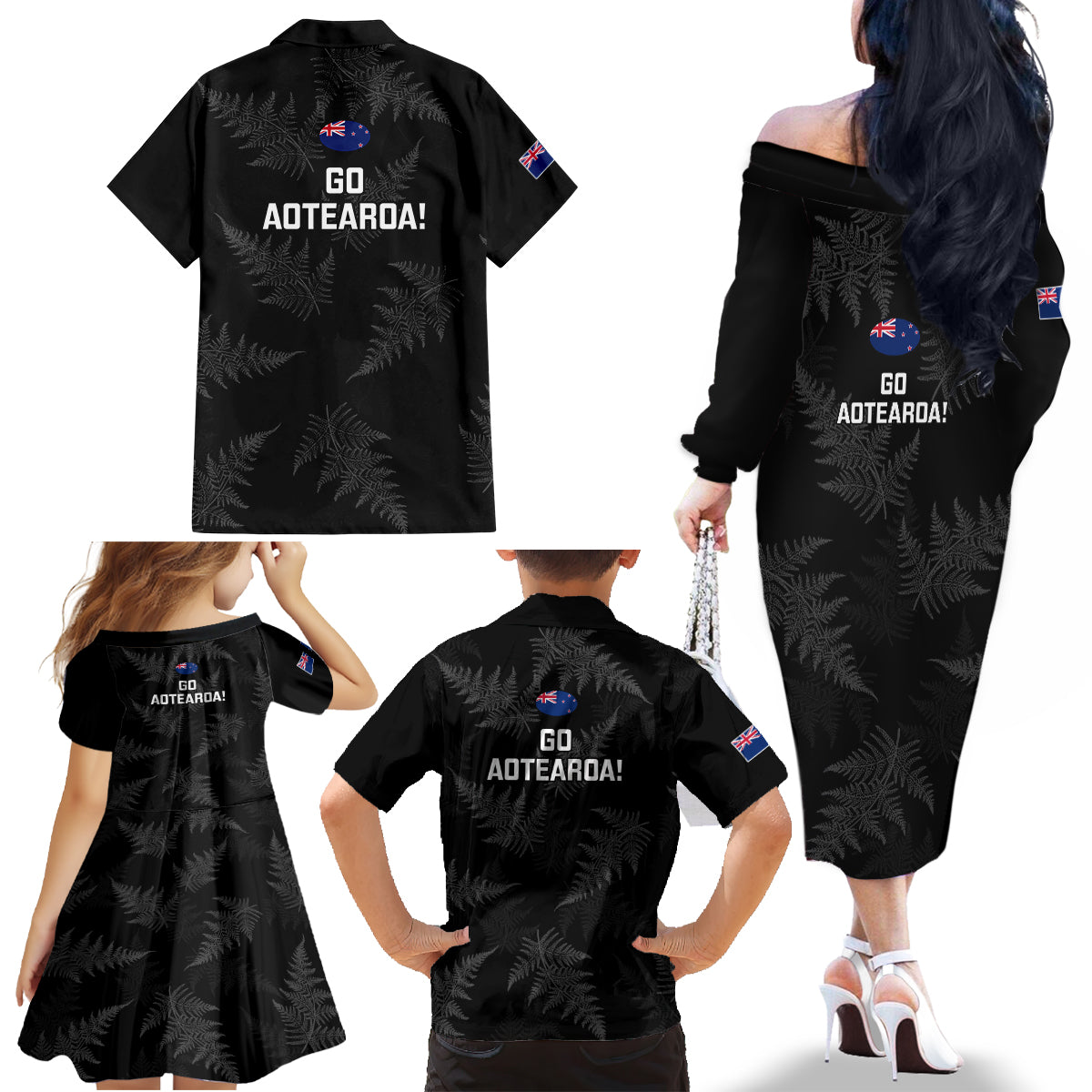 New Zealand Silver Fern Rugby Family Matching Off Shoulder Long Sleeve Dress and Hawaiian Shirt 2023 Go Aotearoa Champions World Cup - Wonder Print Shop