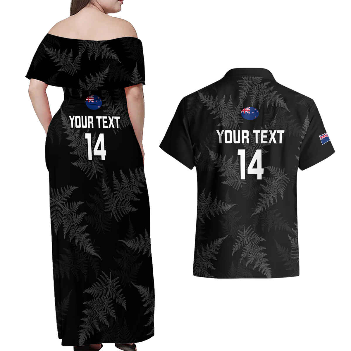 Custom New Zealand Silver Fern Rugby Couples Matching Off Shoulder Maxi Dress and Hawaiian Shirt 2023 Go Aotearoa Champions World Cup - Wonder Print Shop
