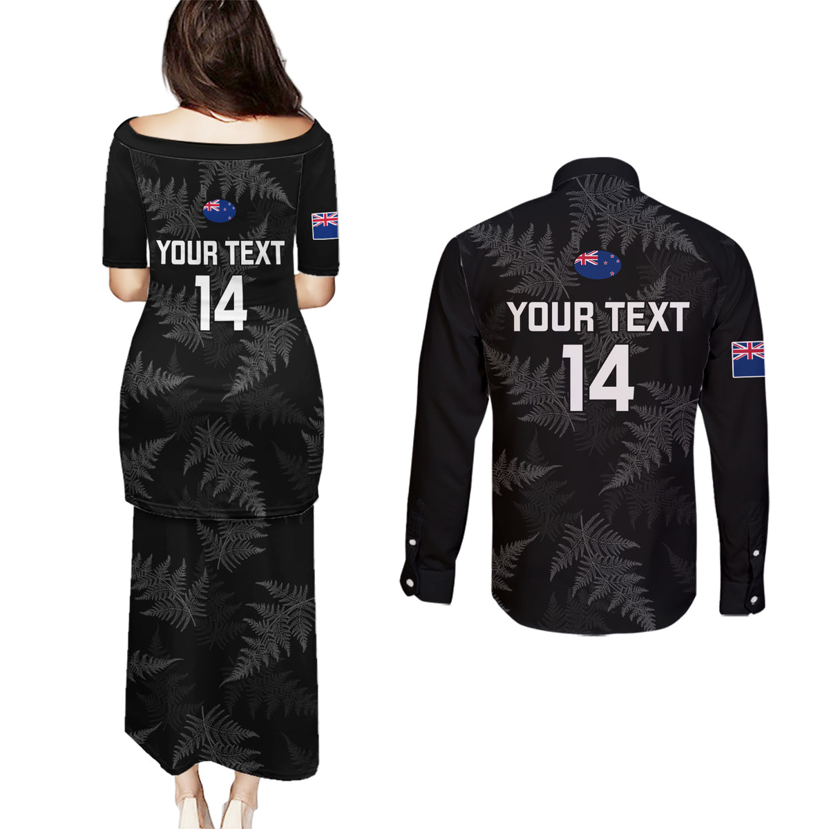 Custom New Zealand Silver Fern Rugby Couples Matching Puletasi Dress and Long Sleeve Button Shirts 2023 Go Aotearoa Champions World Cup - Wonder Print Shop