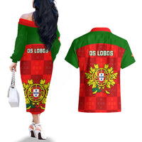 Portugal Rugby Couples Matching Off The Shoulder Long Sleeve Dress and Hawaiian Shirt Go Wolves Mix Coat Of Arms - Wonder Print Shop