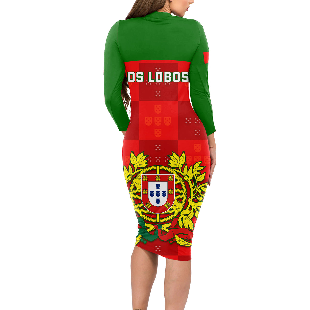 Portugal Rugby Long Sleeve Bodycon Dress Go Wolves Mix Coat Of Arms - Wonder Print Shop