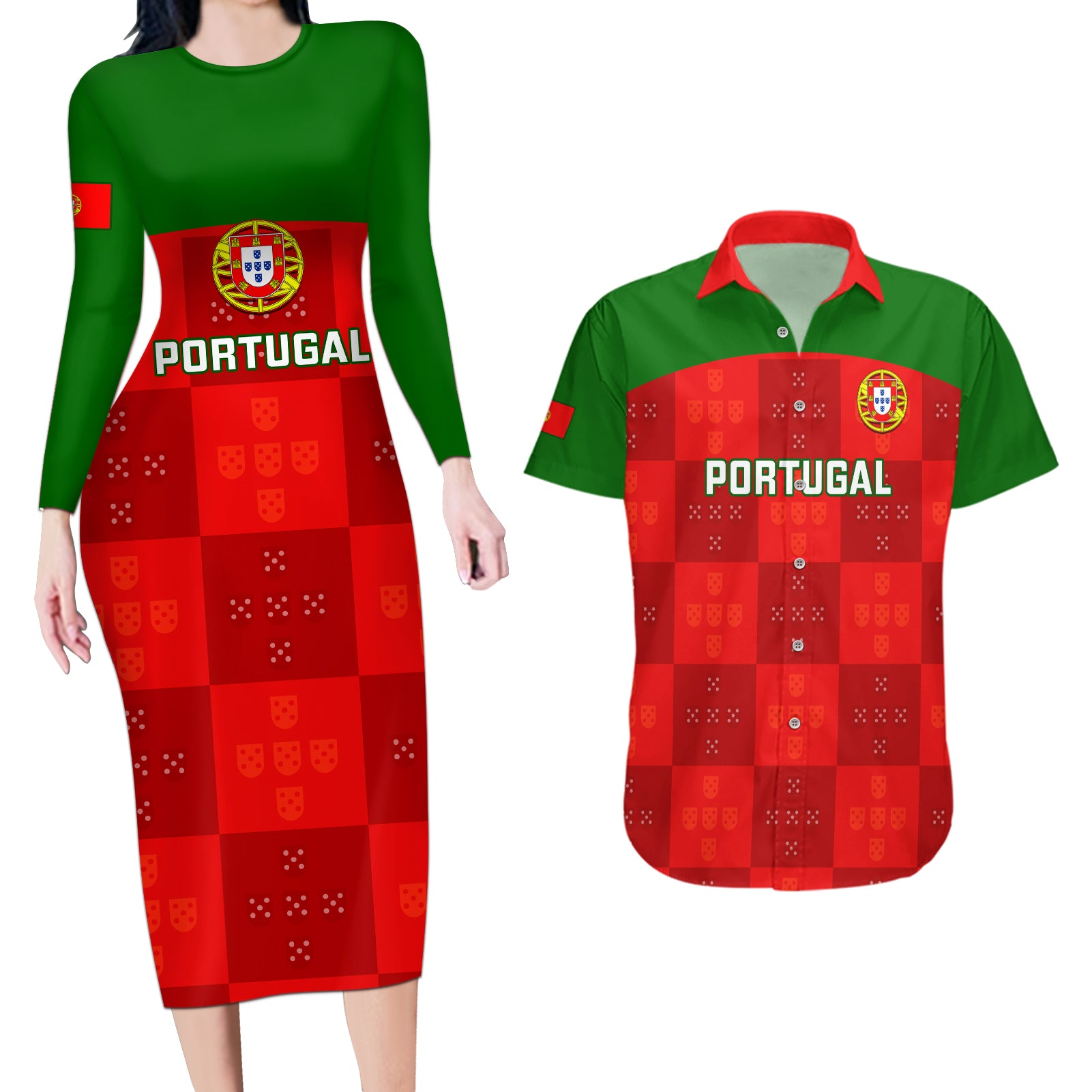 custom-portugal-rugby-couples-matching-long-sleeve-bodycon-dress-and-hawaiian-shirt-go-wolves-mix-coat-of-arms