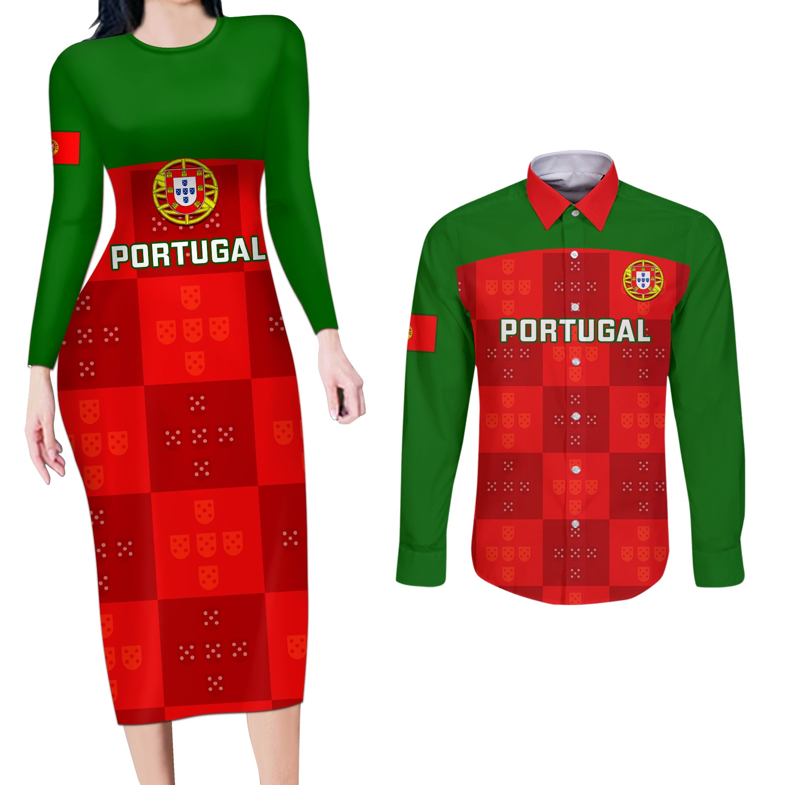 custom-portugal-rugby-couples-matching-long-sleeve-bodycon-dress-and-long-sleeve-button-shirts-go-wolves-mix-coat-of-arms