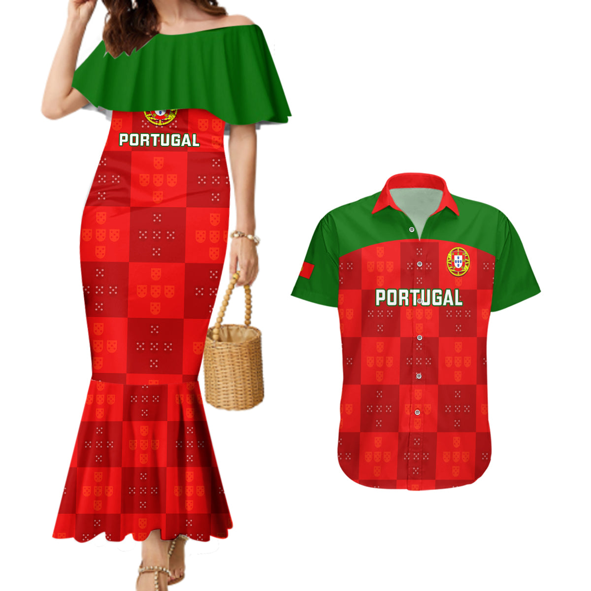 custom-portugal-rugby-couples-matching-mermaid-dress-and-hawaiian-shirt-go-wolves-mix-coat-of-arms