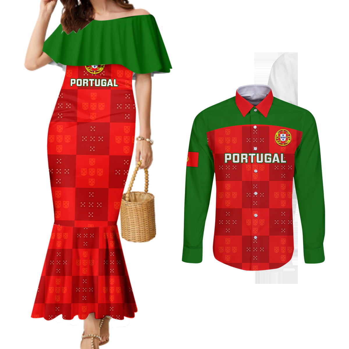 custom-portugal-rugby-couples-matching-mermaid-dress-and-long-sleeve-button-shirts-go-wolves-mix-coat-of-arms