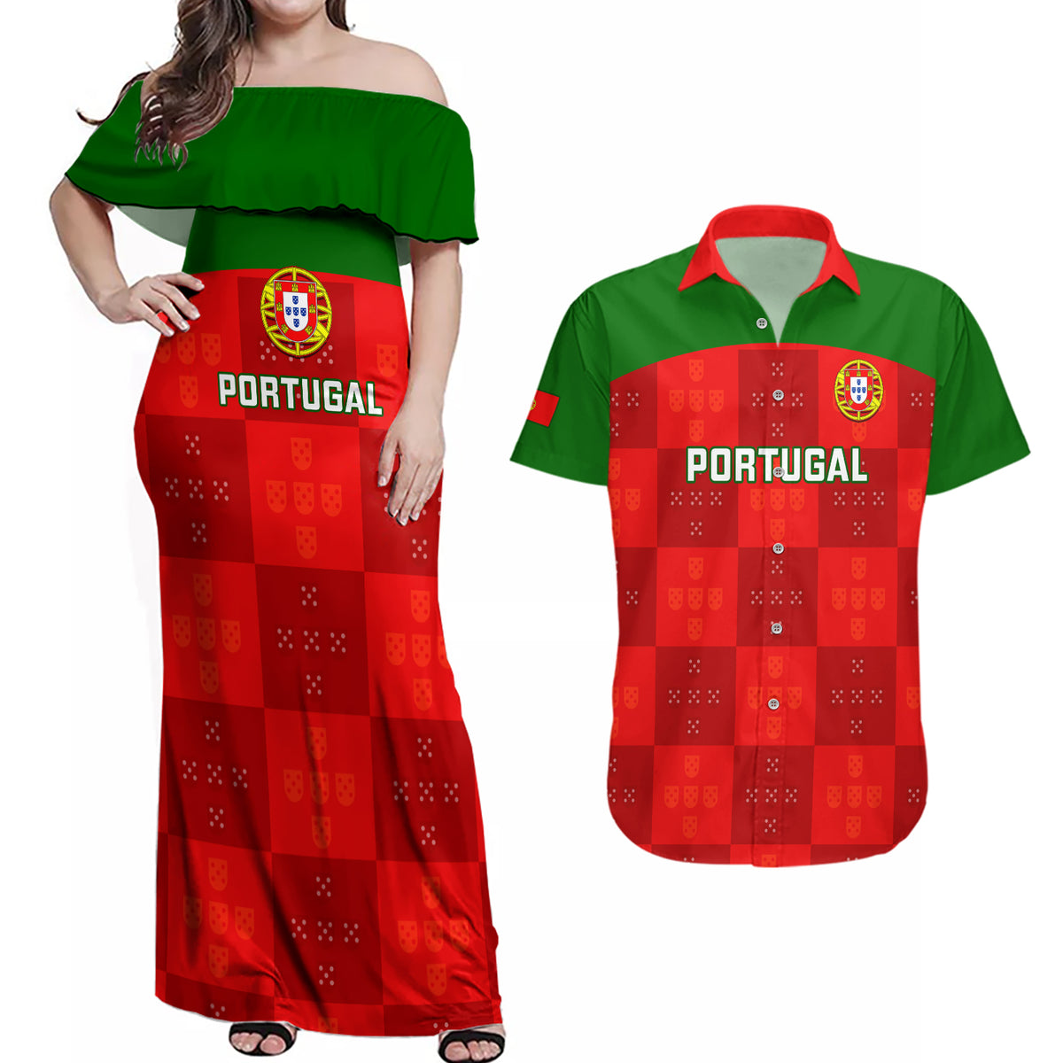 Custom Portugal Rugby Couples Matching Off Shoulder Maxi Dress and Hawaiian Shirt Go Wolves Mix Coat Of Arms - Wonder Print Shop