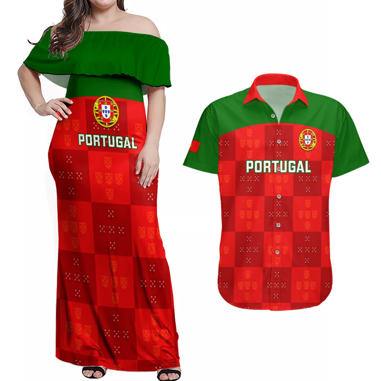 custom-portugal-rugby-couples-matching-off-shoulder-maxi-dress-and-hawaiian-shirt-go-wolves-mix-coat-of-arms
