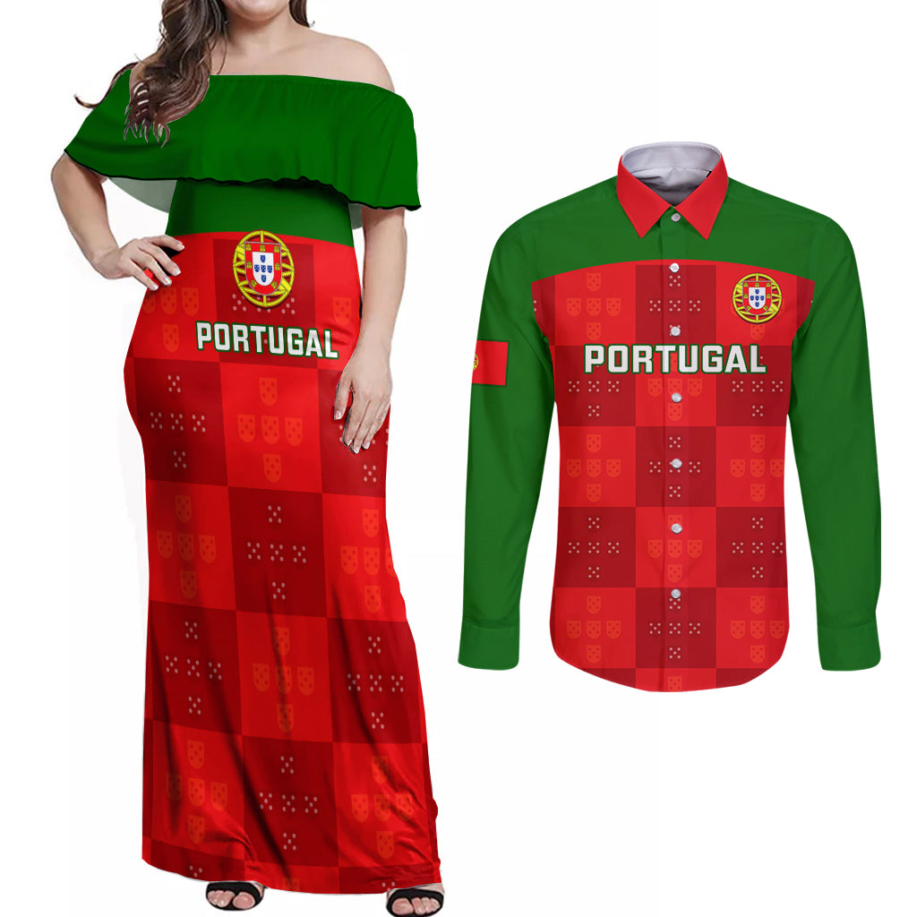 custom-portugal-rugby-couples-matching-off-shoulder-maxi-dress-and-long-sleeve-button-shirts-go-wolves-mix-coat-of-arms