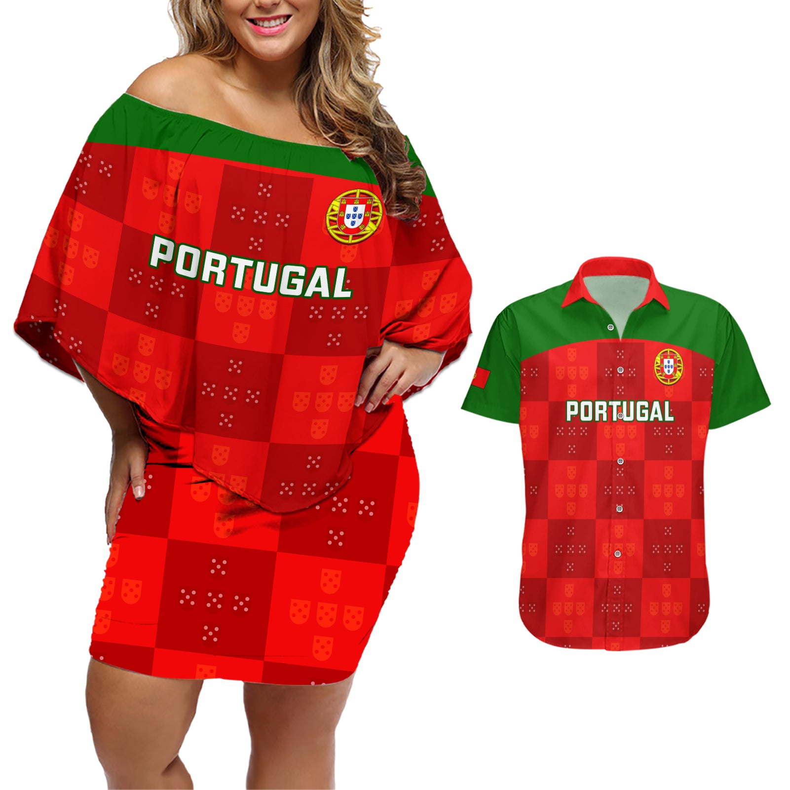 custom-portugal-rugby-couples-matching-off-shoulder-short-dress-and-hawaiian-shirt-go-wolves-mix-coat-of-arms