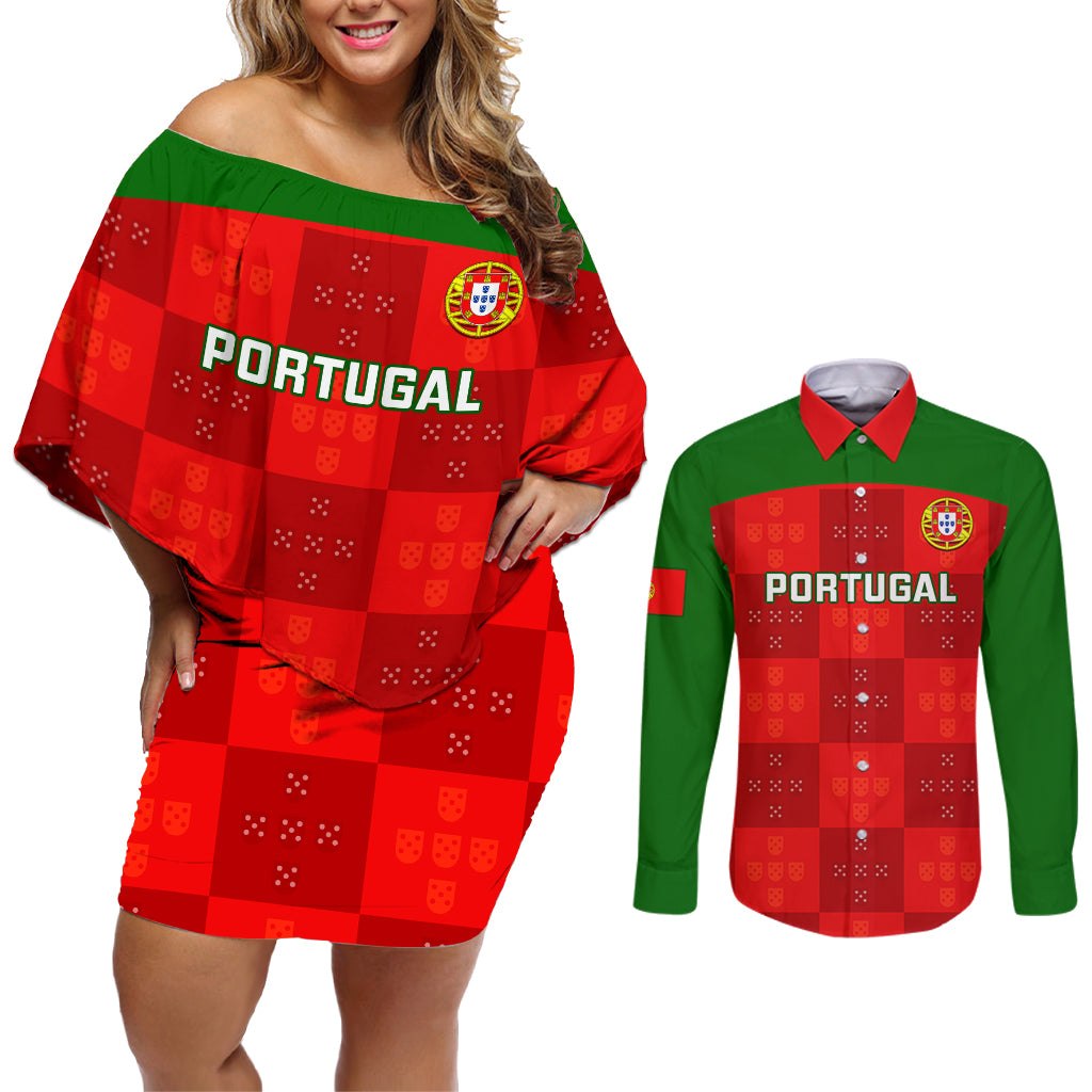 custom-portugal-rugby-couples-matching-off-shoulder-short-dress-and-long-sleeve-button-shirts-go-wolves-mix-coat-of-arms
