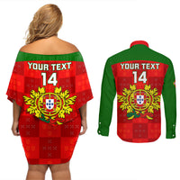 Custom Portugal Rugby Couples Matching Off Shoulder Short Dress and Long Sleeve Button Shirts Go Wolves Mix Coat Of Arms - Wonder Print Shop