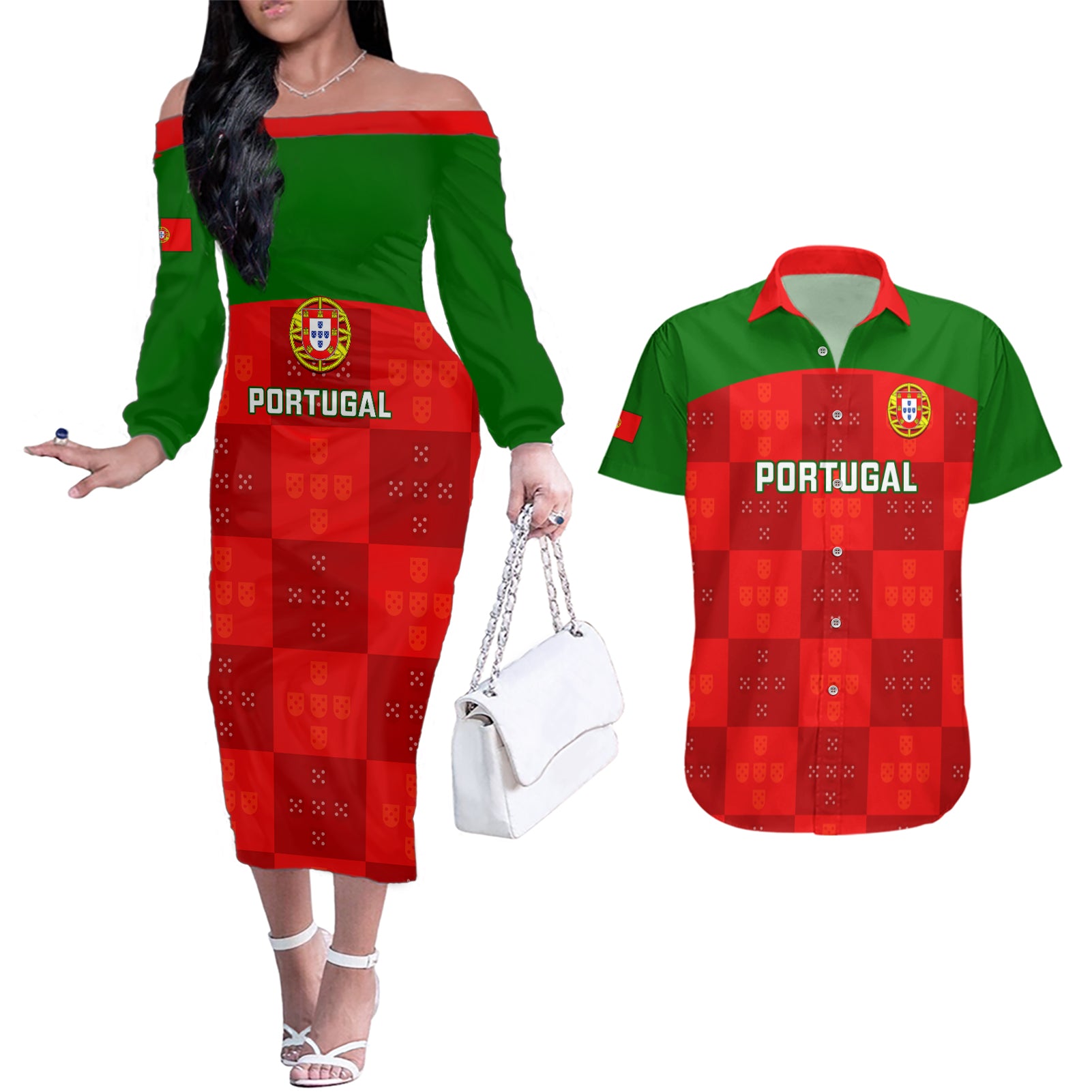 custom-portugal-rugby-couples-matching-off-the-shoulder-long-sleeve-dress-and-hawaiian-shirt-go-wolves-mix-coat-of-arms