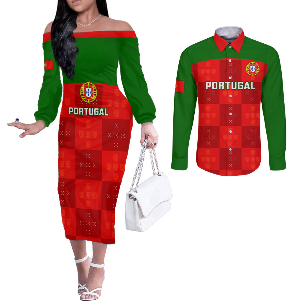 custom-portugal-rugby-couples-matching-off-the-shoulder-long-sleeve-dress-and-long-sleeve-button-shirts-go-wolves-mix-coat-of-arms