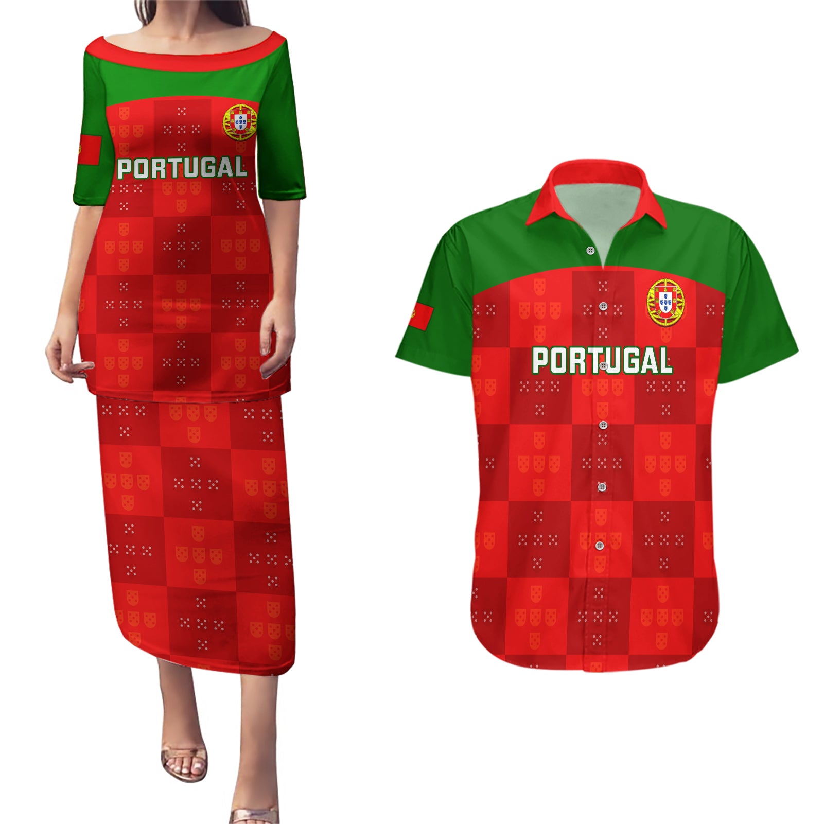 custom-portugal-rugby-couples-matching-puletasi-dress-and-hawaiian-shirt-go-wolves-mix-coat-of-arms