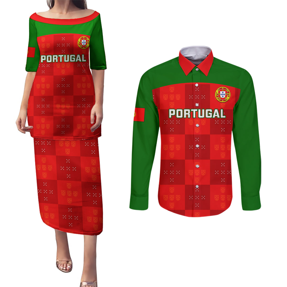 Custom Portugal Rugby Couples Matching Puletasi Dress and Long Sleeve Button Shirts Go Wolves Mix Coat Of Arms - Wonder Print Shop