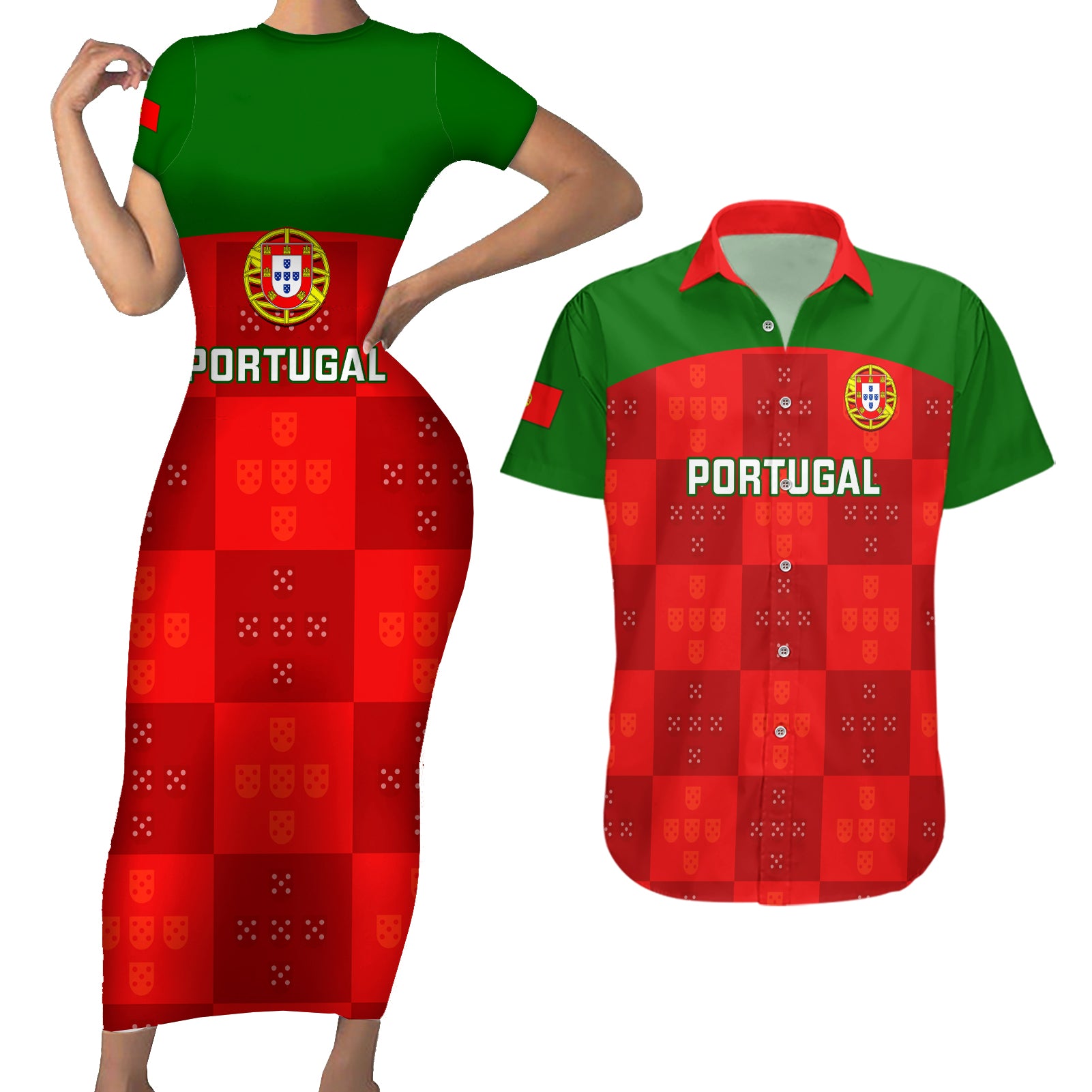 custom-portugal-rugby-couples-matching-short-sleeve-bodycon-dress-and-hawaiian-shirt-go-wolves-mix-coat-of-arms