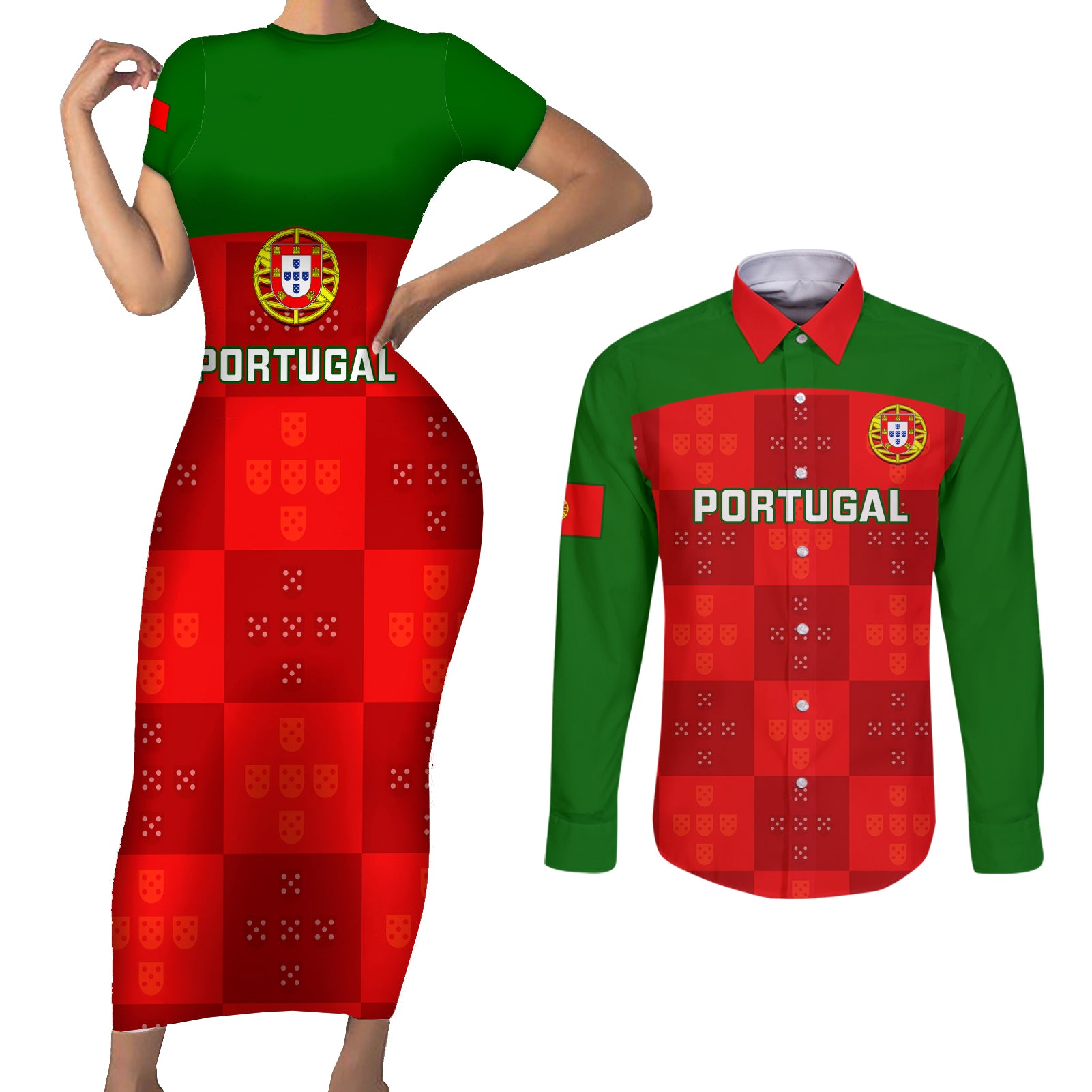 custom-portugal-rugby-couples-matching-short-sleeve-bodycon-dress-and-long-sleeve-button-shirts-go-wolves-mix-coat-of-arms