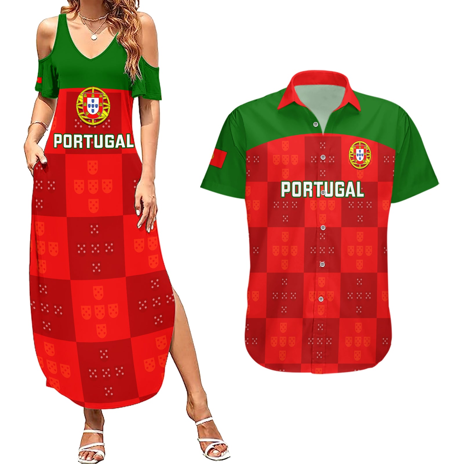 custom-portugal-rugby-couples-matching-summer-maxi-dress-and-hawaiian-shirt-go-wolves-mix-coat-of-arms