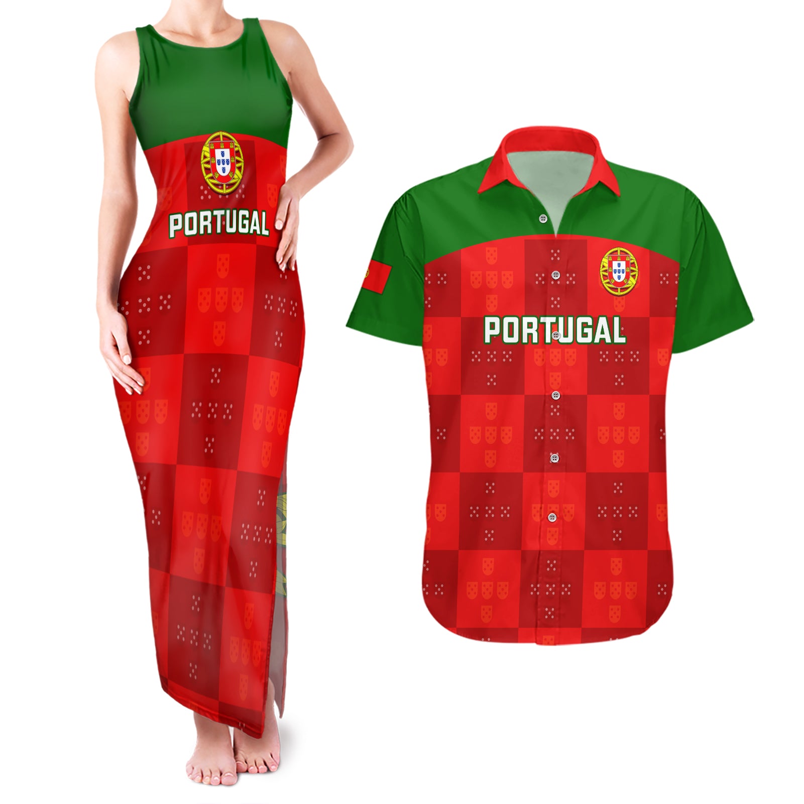 custom-portugal-rugby-couples-matching-tank-maxi-dress-and-hawaiian-shirt-go-wolves-mix-coat-of-arms