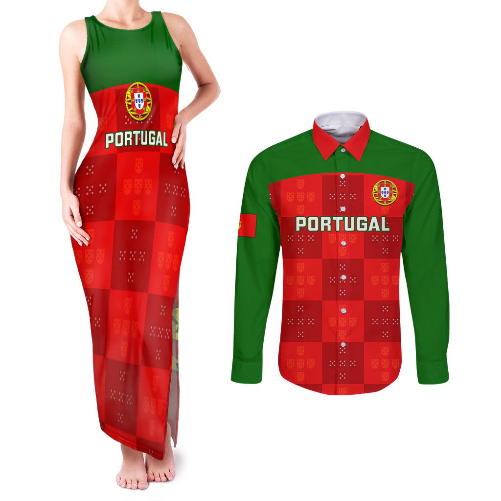 custom-portugal-rugby-couples-matching-tank-maxi-dress-and-long-sleeve-button-shirts-go-wolves-mix-coat-of-arms