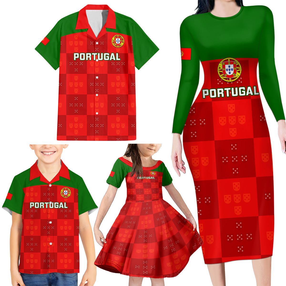 custom-portugal-rugby-family-matching-long-sleeve-bodycon-dress-and-hawaiian-shirt-go-wolves-mix-coat-of-arms