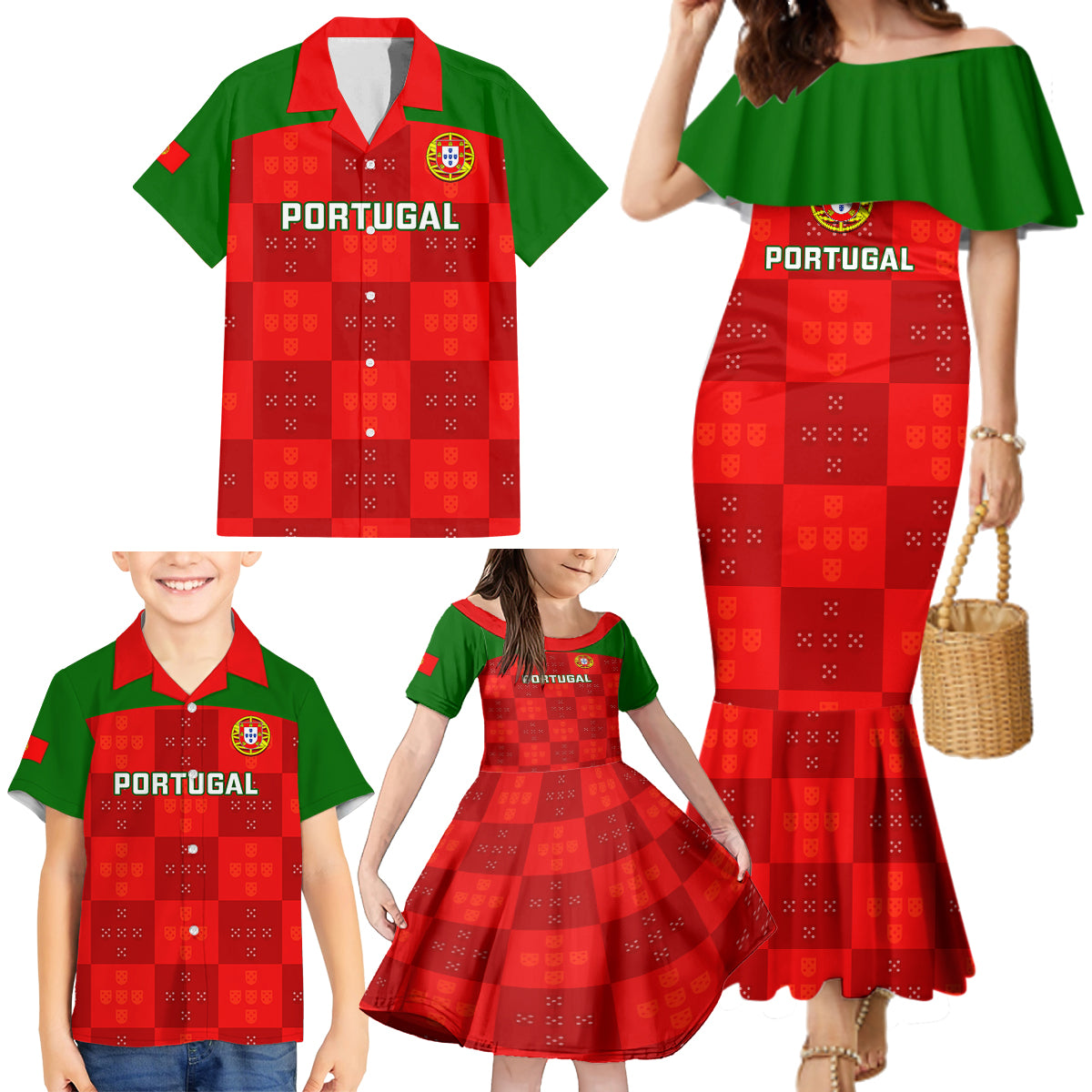 custom-portugal-rugby-family-matching-mermaid-dress-and-hawaiian-shirt-go-wolves-mix-coat-of-arms
