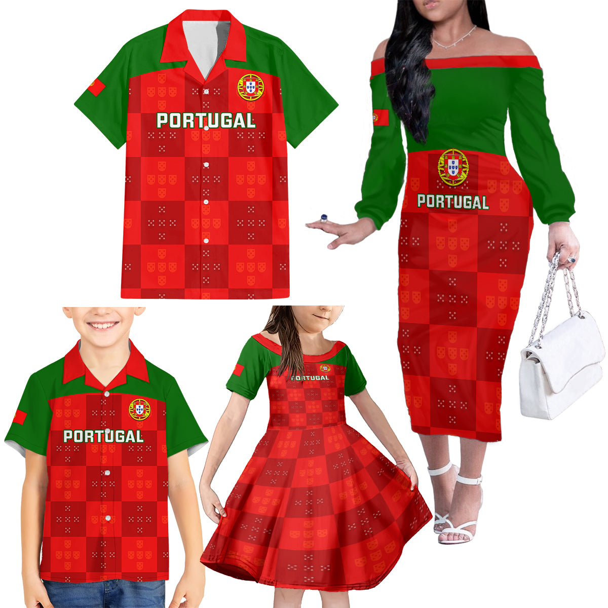 custom-portugal-rugby-family-matching-off-shoulder-long-sleeve-dress-and-hawaiian-shirt-go-wolves-mix-coat-of-arms