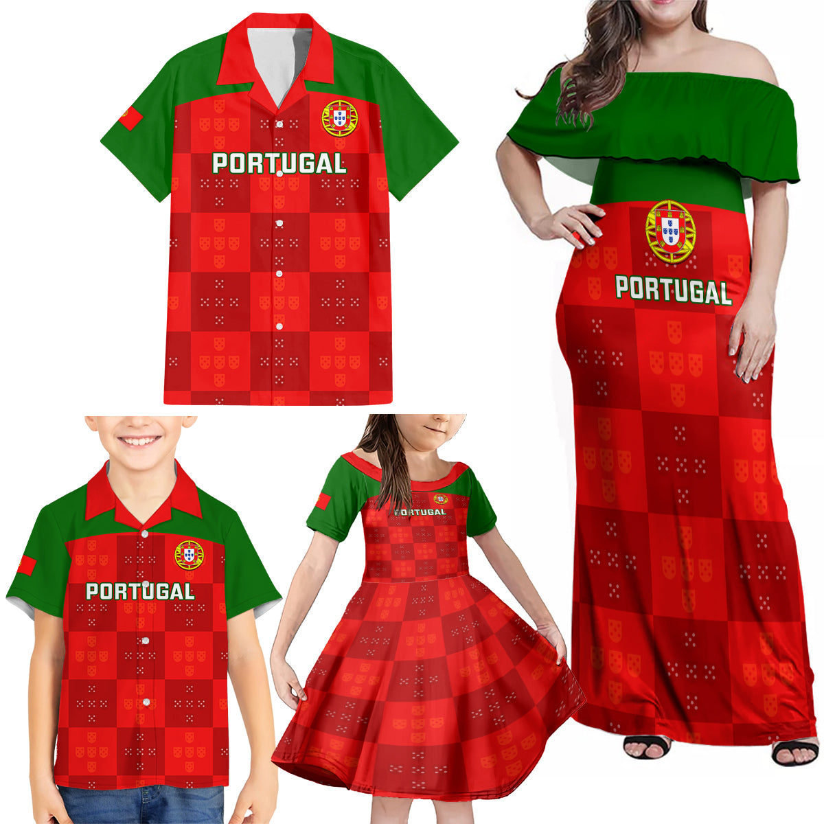 custom-portugal-rugby-family-matching-off-shoulder-maxi-dress-and-hawaiian-shirt-go-wolves-mix-coat-of-arms